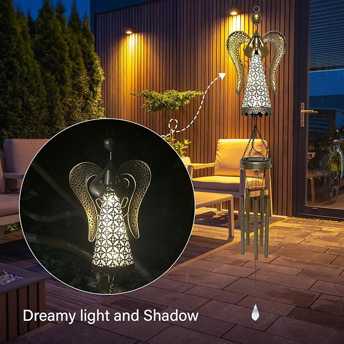 Solar Angel Wind Chime - 36.6" Retro Angel LED Wind Chimes, Metal Solar Fairy Wind Chimes Hanging Lights, Fairy Gifts for Home, Outdoor, Yard, Patio, Garden Decor