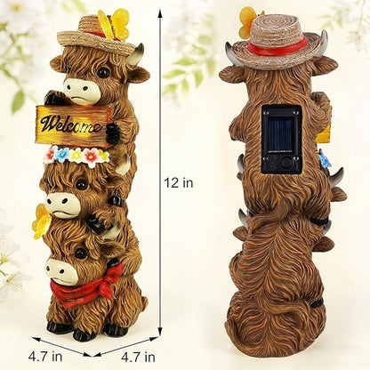 Glintoper Solar Garden Highland Cow Statue, 12" Outdoor Spring Decoration Lighted Triple Stacked Resin Cow Whimsical Yard Art, Birthday Mothers Day Ideal Gifts, for Summer Porch Pathway Patio Lawn