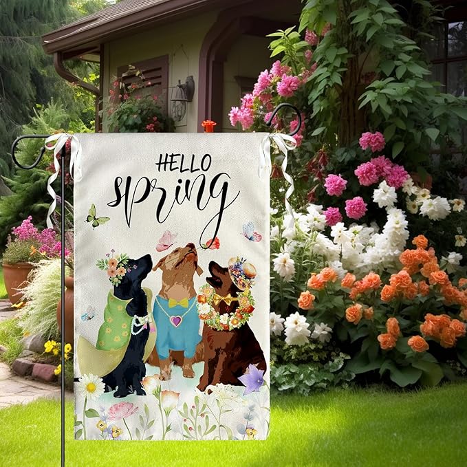 Hello Spring Garden Flags Golden Retriever Dog Yard Flag Puppy Daisy Floral Flowers House Banner Spring Butterfly Seasonal Flowers Garden Flag or Farmhouse Holiday Outside Decor 12x18 Inch