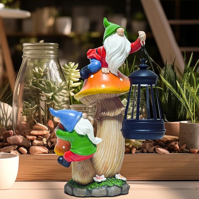 YUETJIN Funny Garden Gnomes Outdoor Climbing on Mushroom with Holding a Solar LED Lantern Resin Mushroom Statue for Patio Yard Lawn Porch Decor