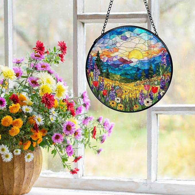 Spring Wildflower Landscape Suncatchers Stained Glass Window Hanging, Cottagecore Flower Sun Catchers Indoor Window Glass Round Wall Decor, Floral Wall Hanging Decorations, 7.9x7.9in