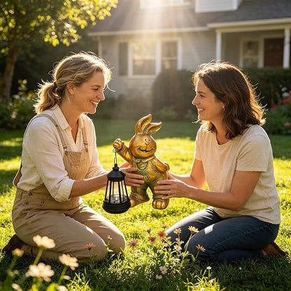 Outdoor Bunny Statue Solar Lantern for Garden Yard Lawn Patio Bronze Rabbit Figurine Decorations Housewarming for Mom Grandma Women