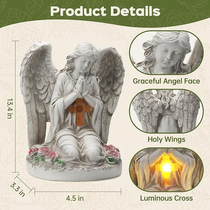 Solar Angel Garden Statue Outdoor Decor Cemetery Decorations for Grave Praying Angel Figurines with LED Light for Outdoor Lawn Yard Patio Decor Memorial Gifts for Women, Mom, Grandma
