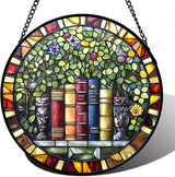 Stained Glass Window Hanging Green Plants Flowers Books 7.8" - Suncatcher Door Garden Sunroom Sun Catcher Decor Birthday Christmas for Mom Men Woman Nana