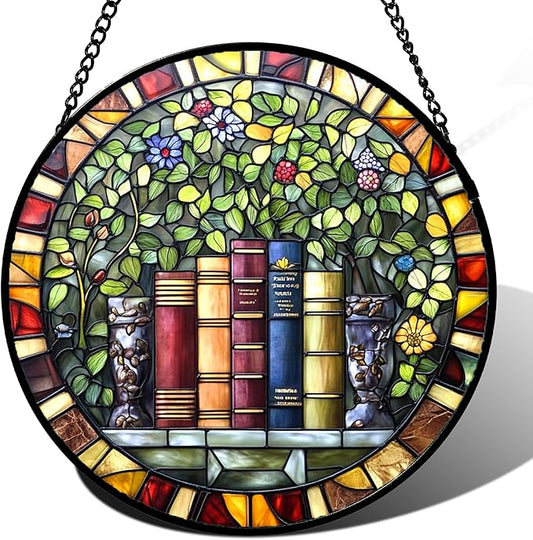 Stained Glass Window Hanging Green Plants Flowers Books 7.8" - Suncatcher Door Garden Sunroom Sun Catcher Decor Birthday Christmas for Mom Men Woman Nana