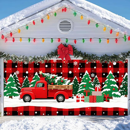 IVN Merry Christmas Garage Door 13x6ft Festive Backdrop Red Truck with Christmas Trees and Gifts Photo Prop Background for Holiday Yard Door Cover Outdoor Winter Scene