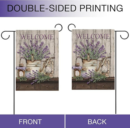Hzppyz Welcome Spring Summer Garden Flag Lavender Flower Bucket, Decorative House Yard Lawn Outdoor Small Burlap Flag Lantern Decor, Vintage Farmhouse Seasonal Outside Decorations Double Sided 12 x 18