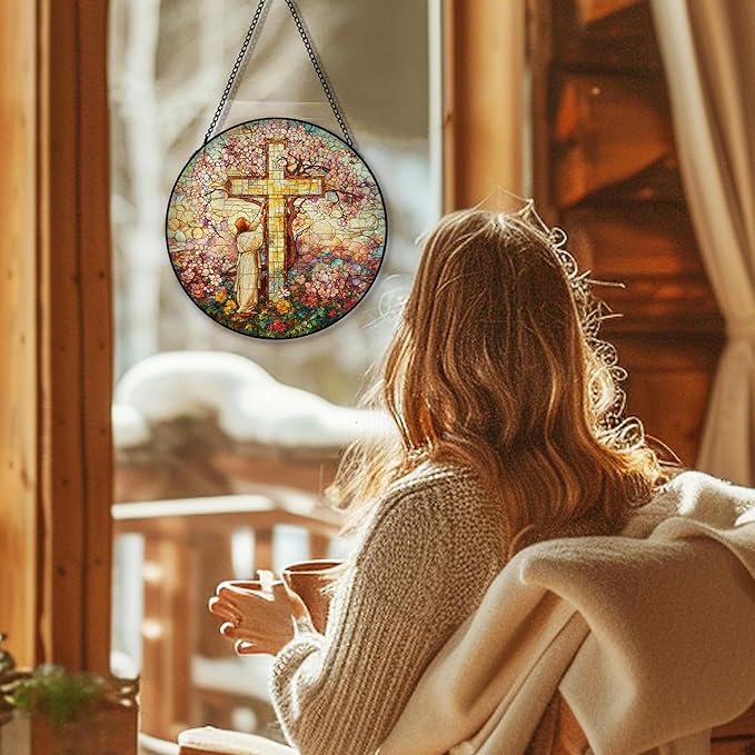 Cross Flower Suncatcher Stained Glass Window Hanging, Jesus Christian Wildflower Landscape Sun Catchers Indoor Window Glass Round Wall Decor, Religious Wall Art Hanging Decorations, ＂7.8x7.8＂