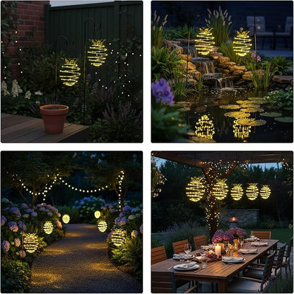 2 Pack Waterproof Solar Lanterns Outdoor, 60LED Hanging Lights with Pineapple Pattern, Solar Garden Lights Outdoor for Patio Yard Decor, Gift for Grandma Gardeners Women