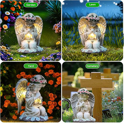 VEEKI Solar Angel Garden Statue Outdoor, Resin Angel Statues Solar Figurine Lights Outdoor Waterproof, Angel Sculpture for Outside Garden Yard Patio Grave Cemetery Decor, Sympathy Memorial Gift