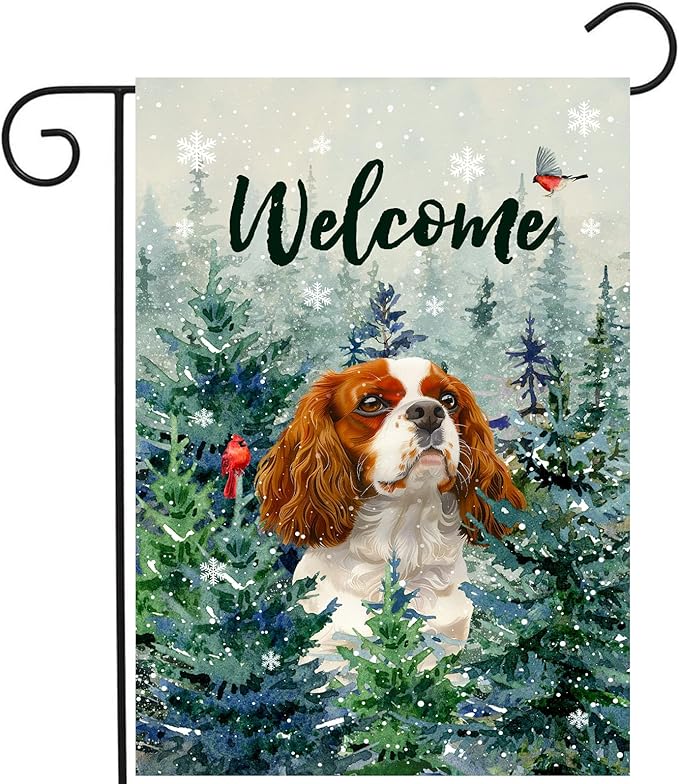 Welcome Winter Garden Flags Cavalier King Charles Spaniel Garden Flag Cardinal Birds on Snowy Pine Tree Flag Dog Yard Flags for Outside 12x18 Double Sided Christmas Decorative Lawn Flags