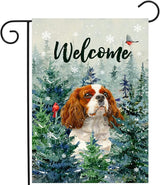 Welcome Winter Garden Flags Cavalier King Charles Spaniel Garden Flag Cardinal Birds on Snowy Pine Tree Flag Dog Yard Flags for Outside 12x18 Double Sided Christmas Decorative Lawn Flags