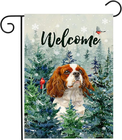 Welcome Winter Garden Flags Cavalier King Charles Spaniel Garden Flag Cardinal Birds on Snowy Pine Tree Flag Dog Yard Flags for Outside 12x18 Double Sided Christmas Decorative Lawn Flags