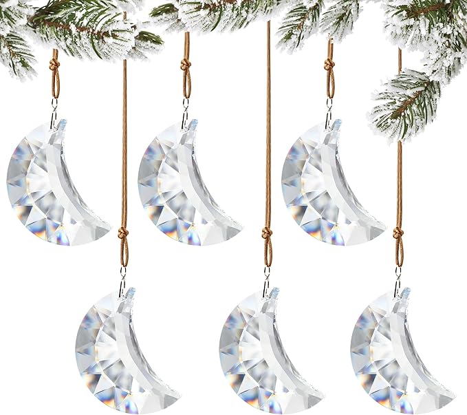 Set of 6 Crystal Glass Hanging Ornaments Clear Faceted Crystal Moon Prisms Ornaments for Window Home Car Wedding Party Decor