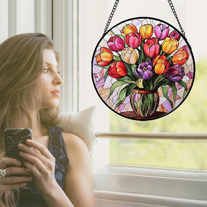 Stained Glass Window Hanging - Red Orange Purple Tulips Suncatcher for Door Terrace Garden Home Decor Flowers Sun Catcher Birthday Gifts for Lovers Women Men Dad Mom Nana 9.8 in