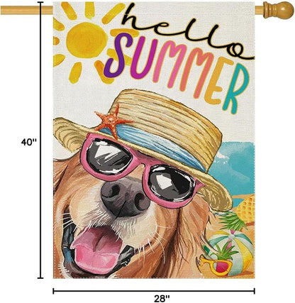 Hello Summer House Flags for Outdoor Decoration, Dog with Sunglass Beach Sun Hat Large Yard Flag, Seasonal Decorative Celebration Decor for Spring Farmhouse Holiday Outside 28x40 Inch Vertical Double Sided
