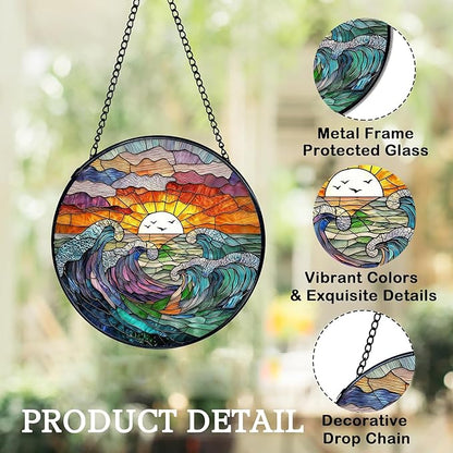 Stained Glass Window Hanging, Sea Waves and Clouds Suncatcher for Window Door Garden Home Decor, Sunset on The Beach and Ocean Scenery Glass Panel Ornaments for Women,Men,Wife, Lovers, and Mom 7.8 in