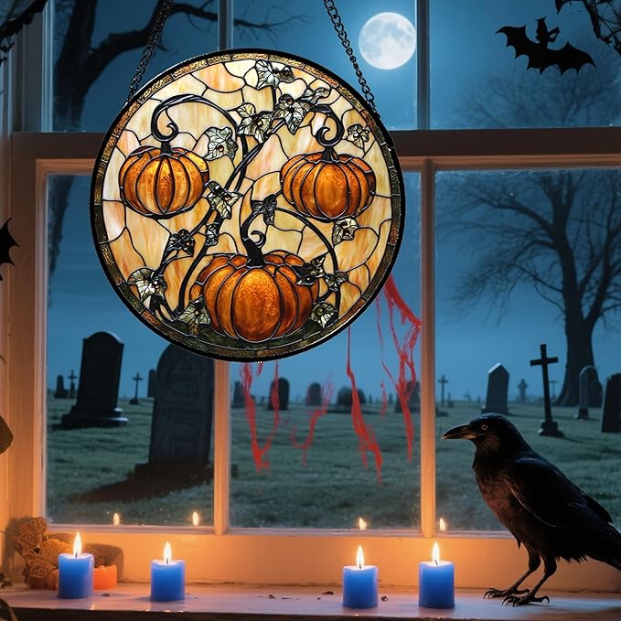 DASTOLL Stained Glass Window Hanging - Halloween Decoration Orange Pumpkin Vine Leaves Suncatcher for Door Garden Spooky Sun Catchers Gothic Decor Horror Gifts for Women Men Friend Boy Girl 7.8 in