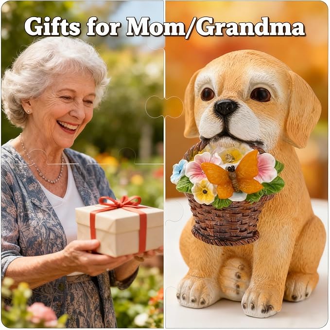 Solar Garden Dog Statue Outdoor Decor – Funny Golden Puppy Figurine with Butterfly & Flower Basket, Resin Yard Porch Patio Ornaments, Unique Christmas Birthday Gifts for Mom Grandma Women