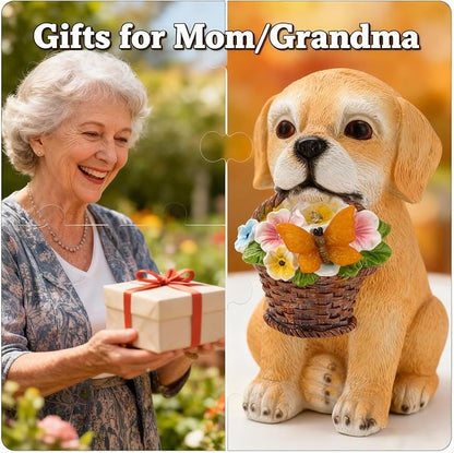 Solar Garden Dog Statue Outdoor Decor – Funny Golden Puppy Figurine with Butterfly & Flower Basket, Resin Yard Porch Patio Ornaments, Unique Christmas Birthday Gifts for Mom Grandma Women