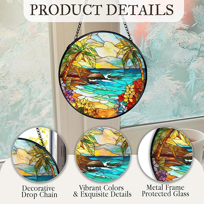 kdqua Tropical Beach Suncatcher Stained Glass Window Hanging, Coastal Ocean Beach Sun Catchers Indoor Window Glass Round Wall Decor, Beachy Wall Art Hanging Decorations Statues, 7.9x7.9in