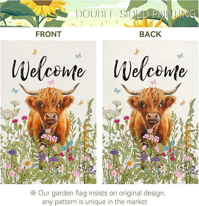 Welcome Spring Highland Cow Garden Flag Highland Cow with Flowers Burlap Yard Flag Seasonal Summer Bull Butterfly House Banner for Farmhouse Rustic Holiday Outdoor Decor 12x18 Inch