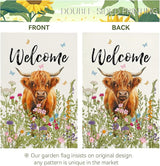 Welcome Spring Highland Cow Garden Flag Highland Cow with Flowers Burlap Yard Flag Seasonal Summer Bull Butterfly House Banner for Farmhouse Rustic Holiday Outdoor Decor 12x18 Inch