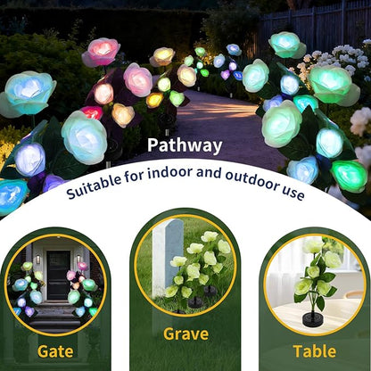 Solar Garden Lights Outdoor - Solar Flowers Lights Outdoor Decorative Waterproof, 40 Hour Coloring Changing White Rose Yard Pathway Light Solar Powered, Cemetery Decoration, Backyard Decor, 4pcs