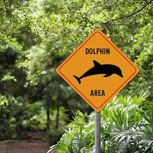Caution Dolphin Crossing XING Tin Sign Dolphin Area Warning Street Sign Ocean Animal Novelty Caution Road Sign for Yard Garage Garden Outdoor Porch 15x15in