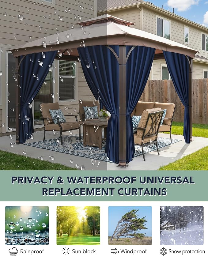 Gazebo Universal Replacement Privacy Curtains - 10'Wx12'Lx7'H Gazebo Curtains Outdoor Waterproof, 4 Panels Sidewall Drapes with Zipper for Patio Pergola Garden Backyard, Navy