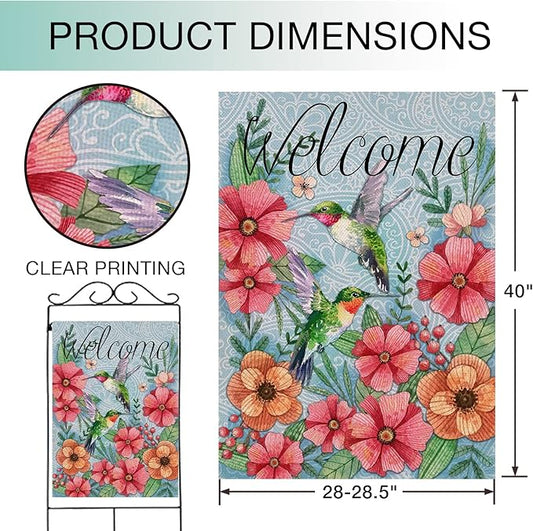 Hzppyz Welcome Spring Summer Decorative House Flag Hummingbird, Garden Yard Outdoor Big Burlap Bird Flag Flower Decor, Vintage Fall Autumn Farmhouse Seasonal Outside Decorations Double Sided 28 x 40