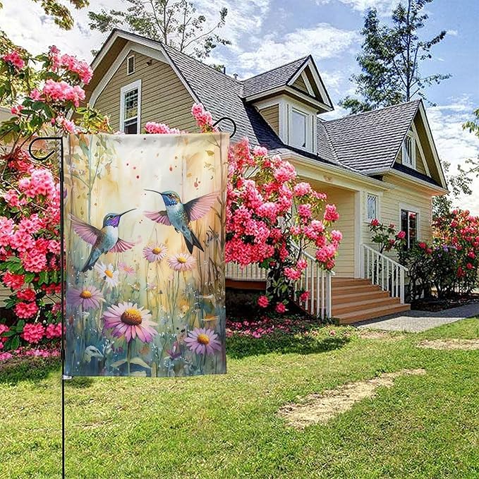 Hummingbirds and Flowers Garden Flags 12×18 Inch Spring Summer Double Sided Decorative Yard Banner Seasonal Flag for Outdoor Outside Decor