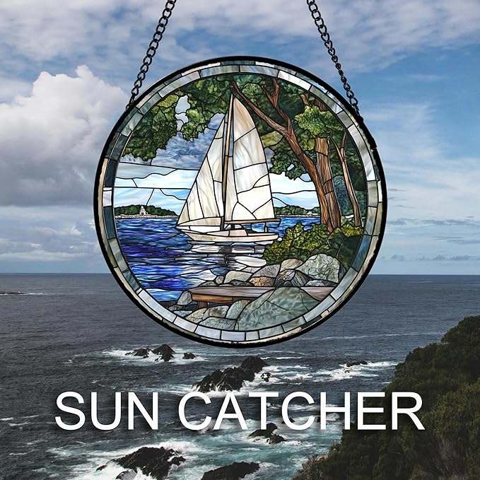Stained Glass Window Hanging Blue Ocean White Sailboat 9.8" - Nature Suncatcher Door Garden Sun Catcher Home Decor Birthday Christmas for Woman Mom Men Friend Nana