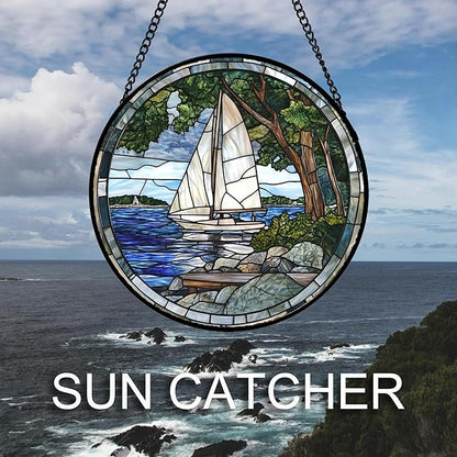 Stained Glass Window Hanging Blue Ocean White Sailboat 7.8" - Nature Suncatcher Door Garden Sun Catcher Home Decor Birthday Christmas for Woman Mom Men Friend Nana