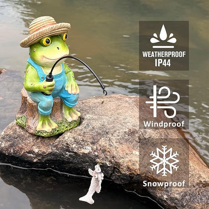 Outdoor Frog Statue Garden Koi Pond Resin Decoration, Frog Decor for Yard 7.1'' Fishing Statue Patio, Lawn Garden Decorative, Fishing Animals for Waterfalls or Koi Pond Additioanl, Gifts for Mom