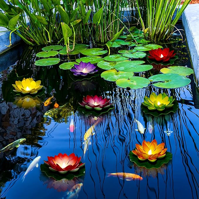 Waterproof Floating Lotus Light, 12PCS Floating Lily Light Water Activated 5 Inch Artificial Flowers Battery Operated for Wedding Pool Anniversary Garden Decoration(Mix-Color)