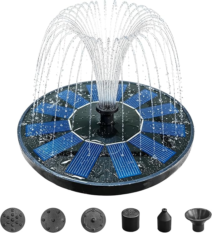Solar Bird Bath Fountain Pump, 6V 1.2W Floating Solar Fountain, 5 Spray Patterns Water Pump for Bird Bath, Small Pond, Garden & Outdoor Water Features