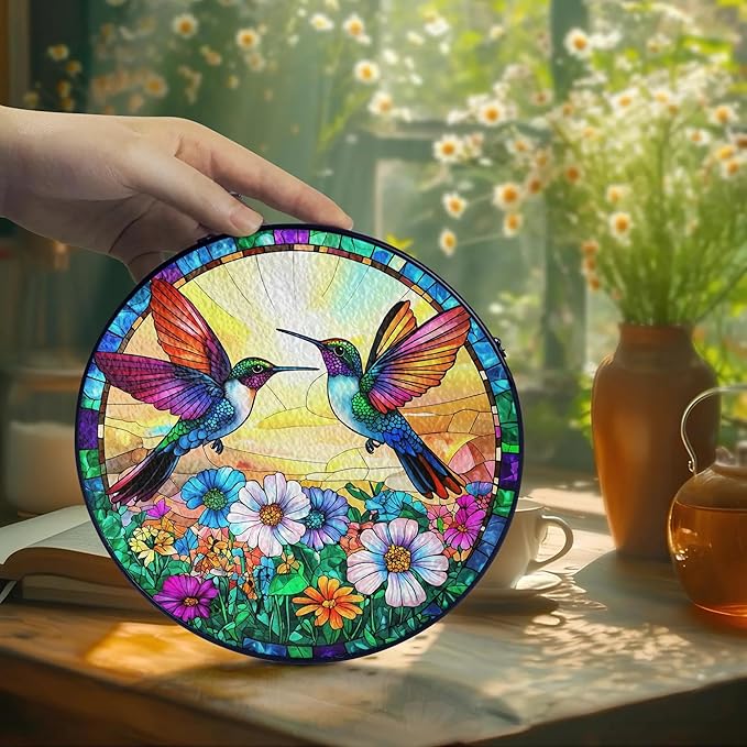 Hummingbird Suncatcher Stained Glass Window Hanging Decor, Hummingbird Gifts for Women, Birds Lovers, Spirit Birds Glass Panel Garden Decorations, Birthday Christmas for Mom, Grandma