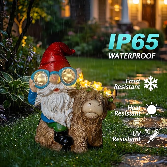 ZQQLITE Garden Gnome Statue Sitting Highland Cow Figurine with Flower Wreath, Solar LED Lights Outdoor Telescope Weatherproof Yard Art Decor for Patio Lawn, Housewarming Gifts for Women Mom