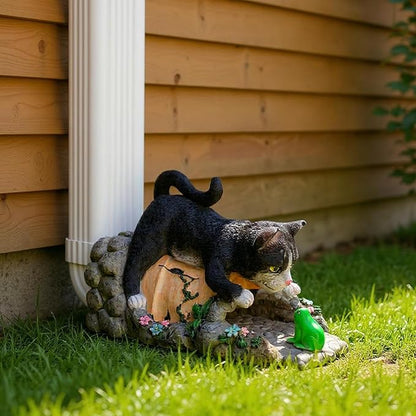 Tuxedo Cat Statue Gutter Downspout Extensions, Black Cat Figurine Rain Gutter Downspout Splash Block Cover Sculpture Decorative, 3" × 4" Downspouts