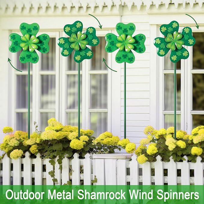 Wind Spinners Outdoor,4 Pack Shamrock Garden Stakes for Outside,Saint Patrick's Day Decorations,Metal Wind Spinner Yard Art for Patio,Lawn