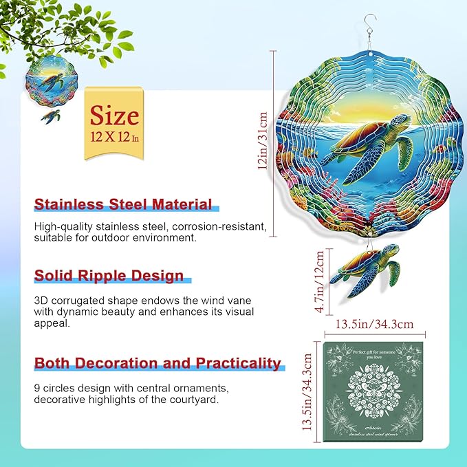 Rngmsi Sea Turtle Wind Spinners Outdoor, Sea Turtle Gifts for Women Mom Grandma Men, 3D Hanging Metal Wind Sculpture for Outside Yard Garden Lawn Ornament Decorations