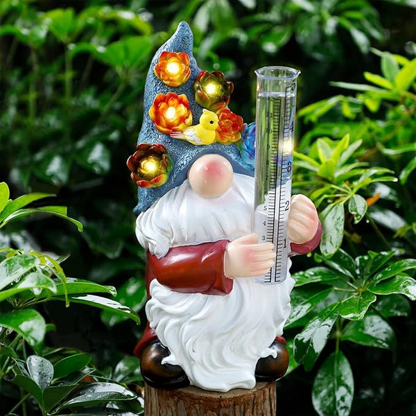 FORUP Resin Gnome Solar Rain Gauges, Resin Garden Gnome Statue with a Plastic Rain Gauge, Hand Painted Gnome Sculpture Water Gauge for Rain