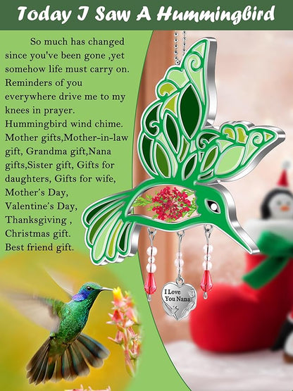 KY&BOSAM I Love You Nana Hummingbird Suncatcher Glass Suncatchers for Windows Hanging Ornament Wind Chime Pressed Drived Flowers and Metal Heart Charm Birthday Gifts for Nana Mothers Day Christmas