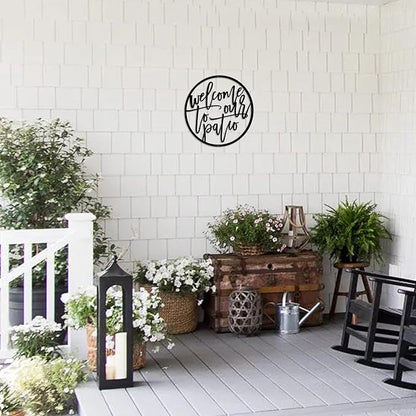 Welcome to Our Patio Metal Outdoor Sign Hanging Wall Art, Decorative Welcome Yard Sign for Patio Porch Deck Backyard, Black Metal Hanging Outdoor Wall Decor for Outside Bar and Garden