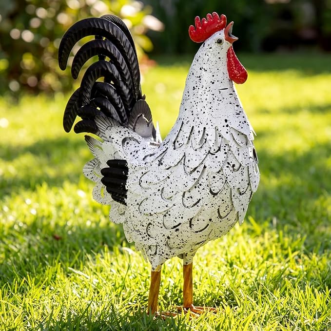 Zhengmy Metal Rooster Garden Statue Lifelike Colorful Metal Rooster Yard Decor Hand-Painted Iron Chicken Sculpture for Patio Lawn Backyard Farmhouse Outdoor Indoor Decoration(White and Black)