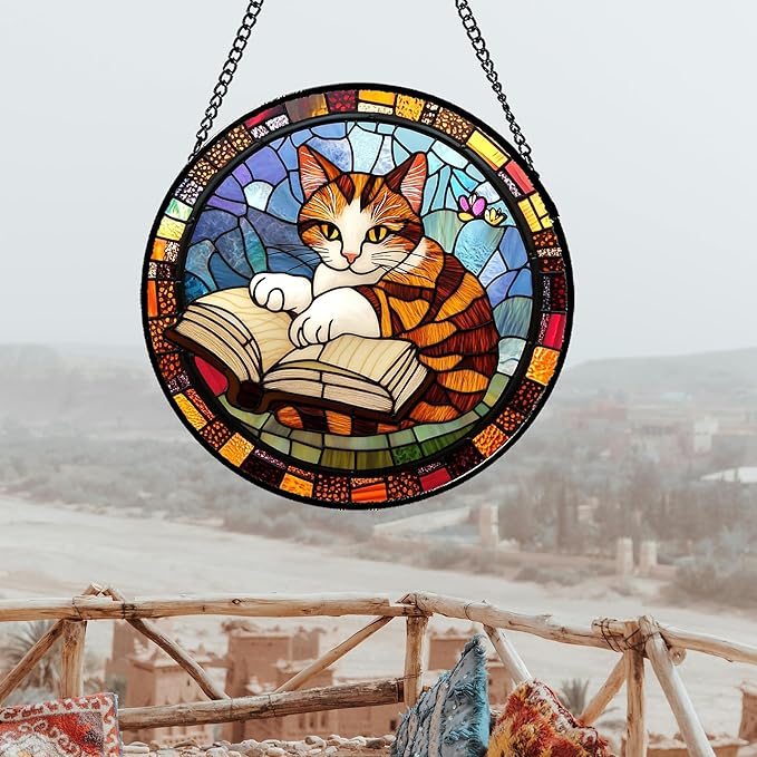 DASTOLL Stained Glass Window Hanging Little Cat Reading Large 15" - Suncatcher Door Garden Kitchen Sunroom Sun Catcher Home Decor Birthday for Lost Pets Mom Grandma Men Woman Friend