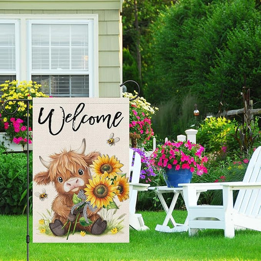 Heyfibro Welcome Summer Highland Cow Garden Flag 12x18 Double Sided Burlap Spring Flower Sunflower Bee Small Yard Banner for Rustic Seasonal Outside Outdoor House Decoration (ONLY FLAG)