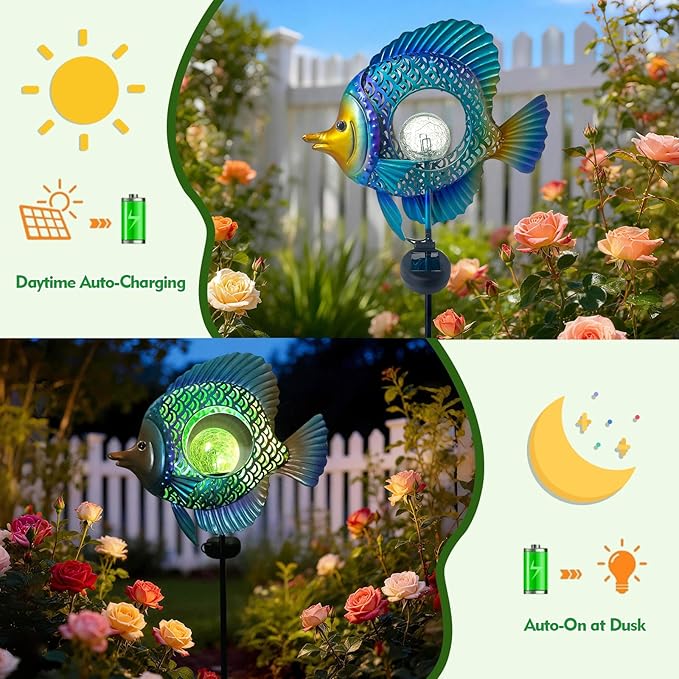 HONGLAND Solar Outdoor Lights -Metal Fish Decorative Stake- Garden Colorful LED Solar Path Lights for Lawn Path Yard Decoration Gift Idea
