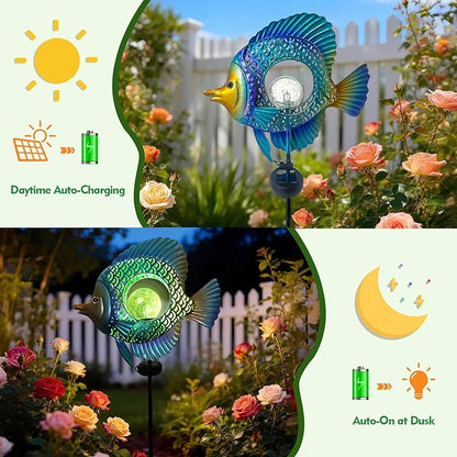 HONGLAND Solar Outdoor Lights -Metal Fish Decorative Stake- Garden Colorful LED Solar Path Lights for Lawn Path Yard Decoration Gift Idea